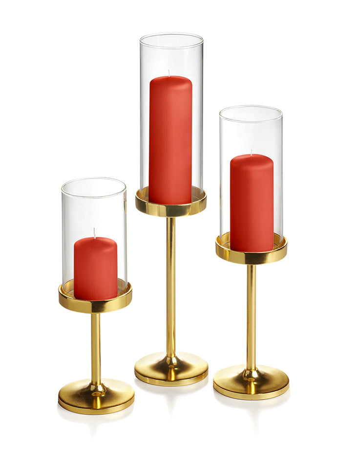 36 Slim Pillar Candles, 36 Cylinder Vases and 36 Gold Vevo Pedestals