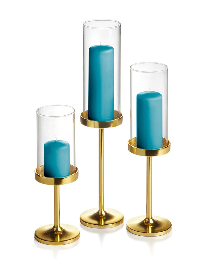 36 Slim Pillar Candles, 36 Cylinder Vases and 36 Gold Vevo Pedestals