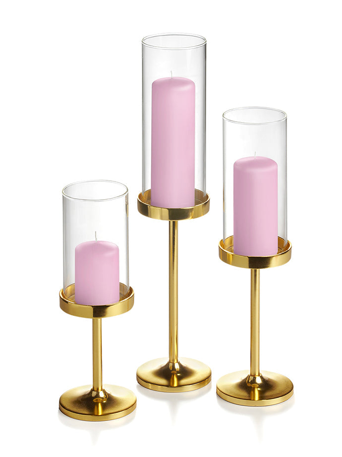 36 Slim Pillar Candles, 36 Cylinder Vases and 36 Gold Vevo Pedestals