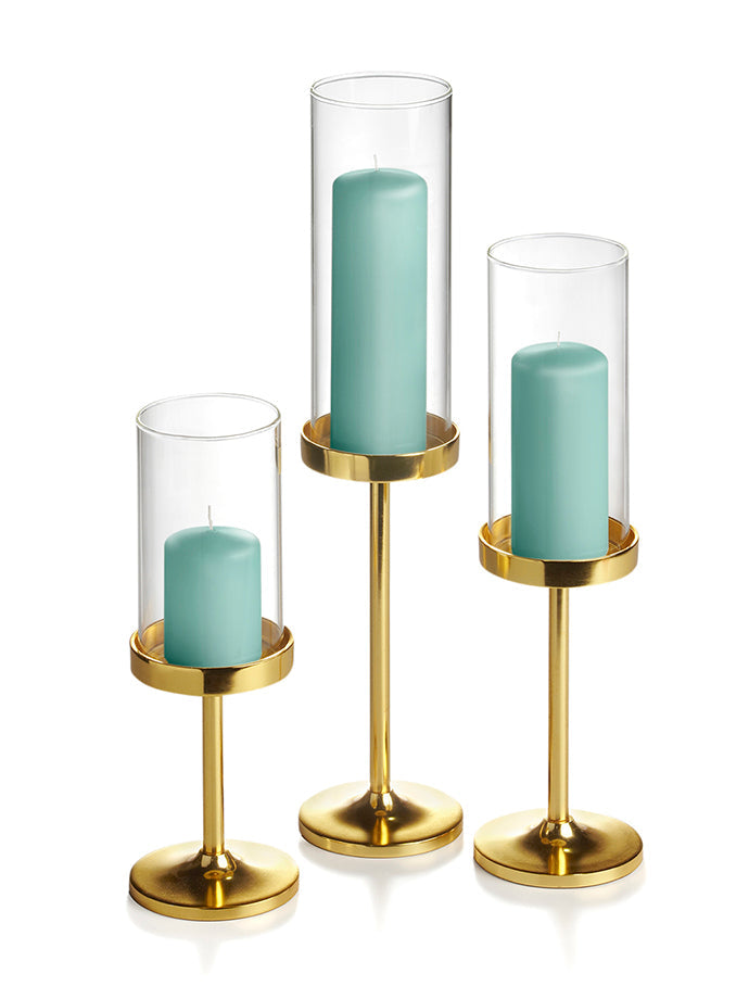 36 Slim Pillar Candles, 36 Cylinder Vases and 36 Gold Vevo Pedestals