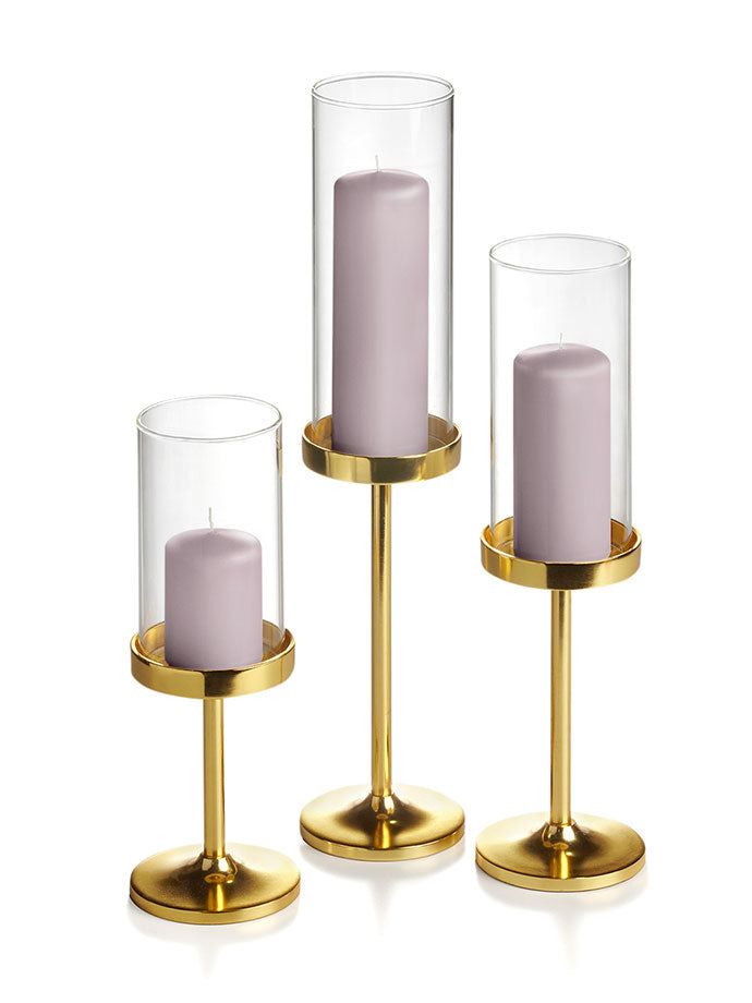 36 Slim Pillar Candles, 36 Cylinder Vases and 36 Gold Vevo Pedestals