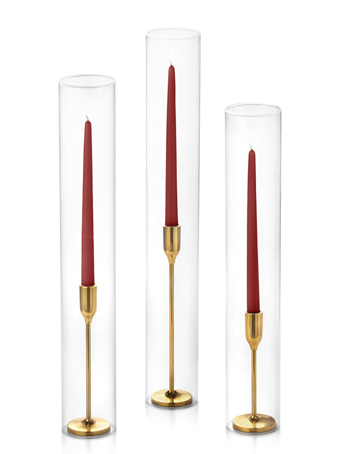 12 Taper Candles, 12 Tall Chimneys and 12 Gold Virtu Candlesticks