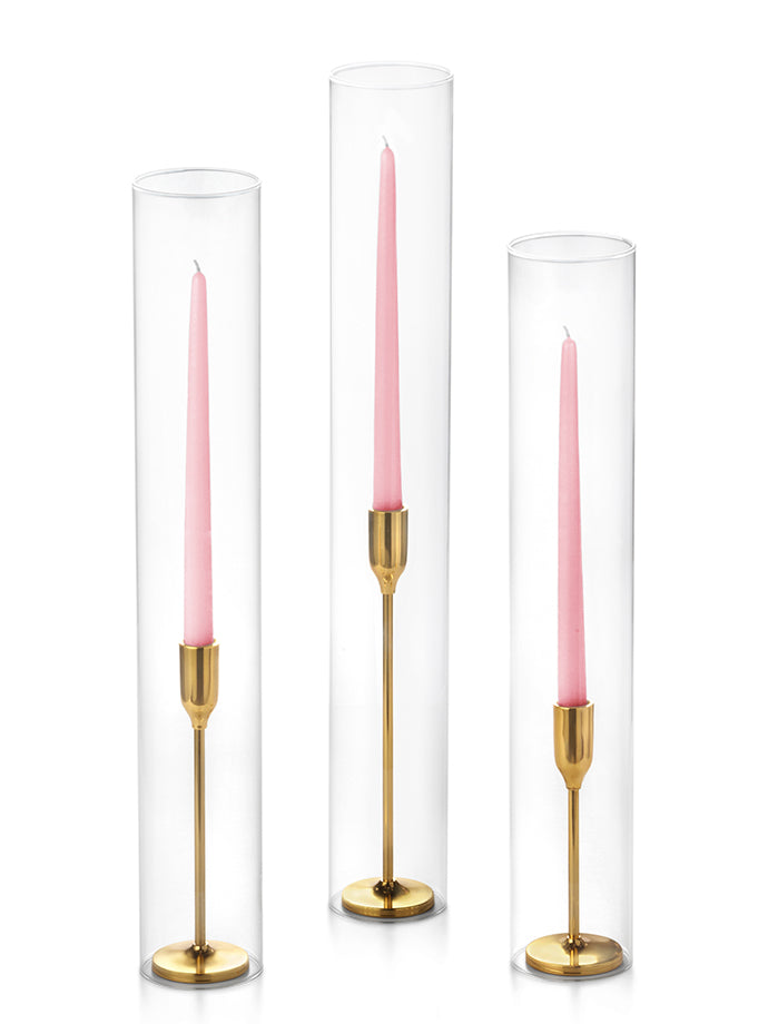 12 Taper Candles, 12 Tall Chimneys and 12 Gold Virtu Candlesticks