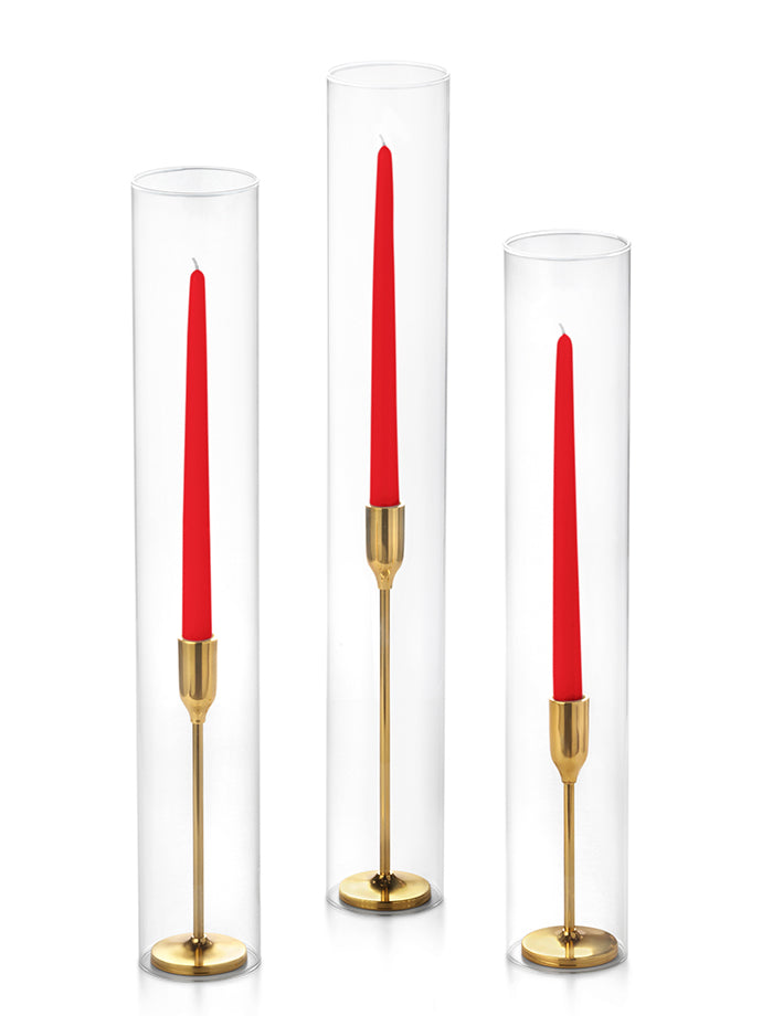 12 Taper Candles, 12 Tall Chimneys and 12 Gold Virtu Candlesticks