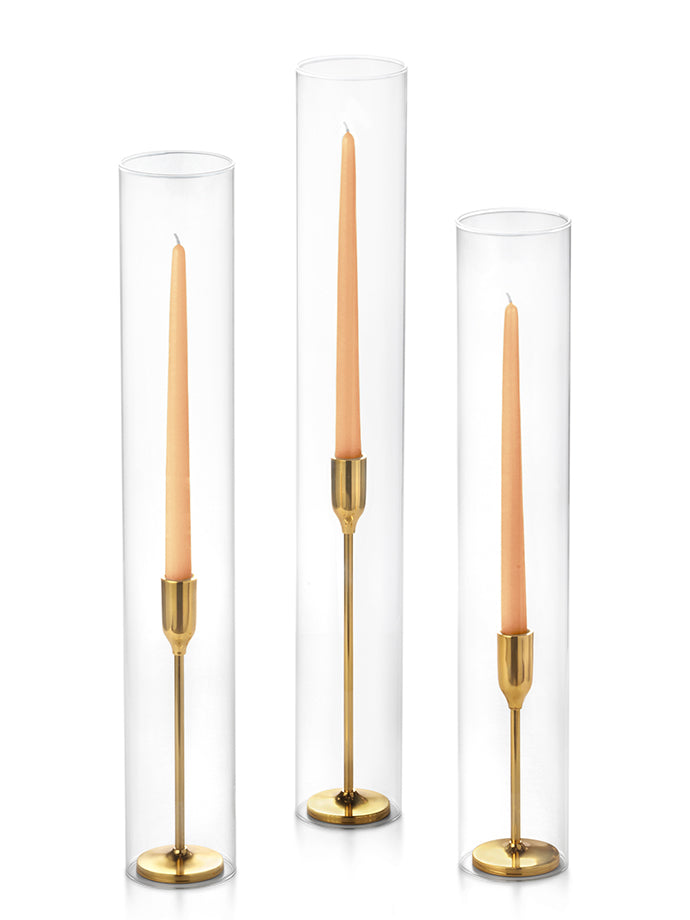 12 Taper Candles, 12 Tall Chimneys and 12 Gold Virtu Candlesticks