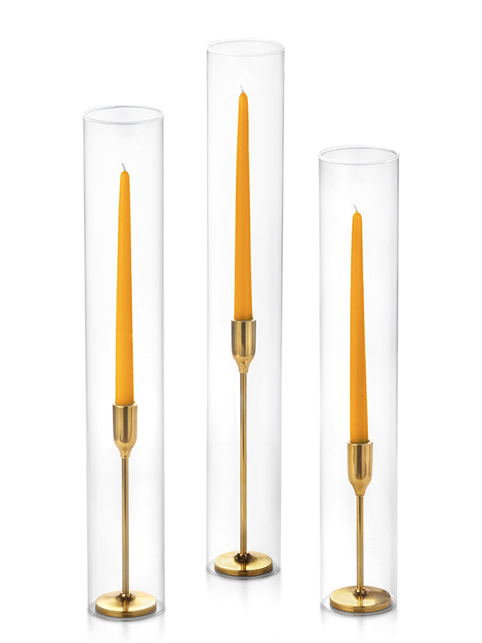 12 Taper Candles, 12 Tall Chimneys and 12 Gold Virtu Candlesticks