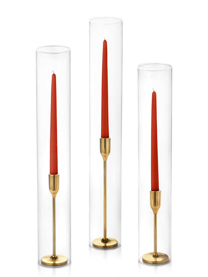 12 Taper Candles, 12 Tall Chimneys and 12 Gold Virtu Candlesticks