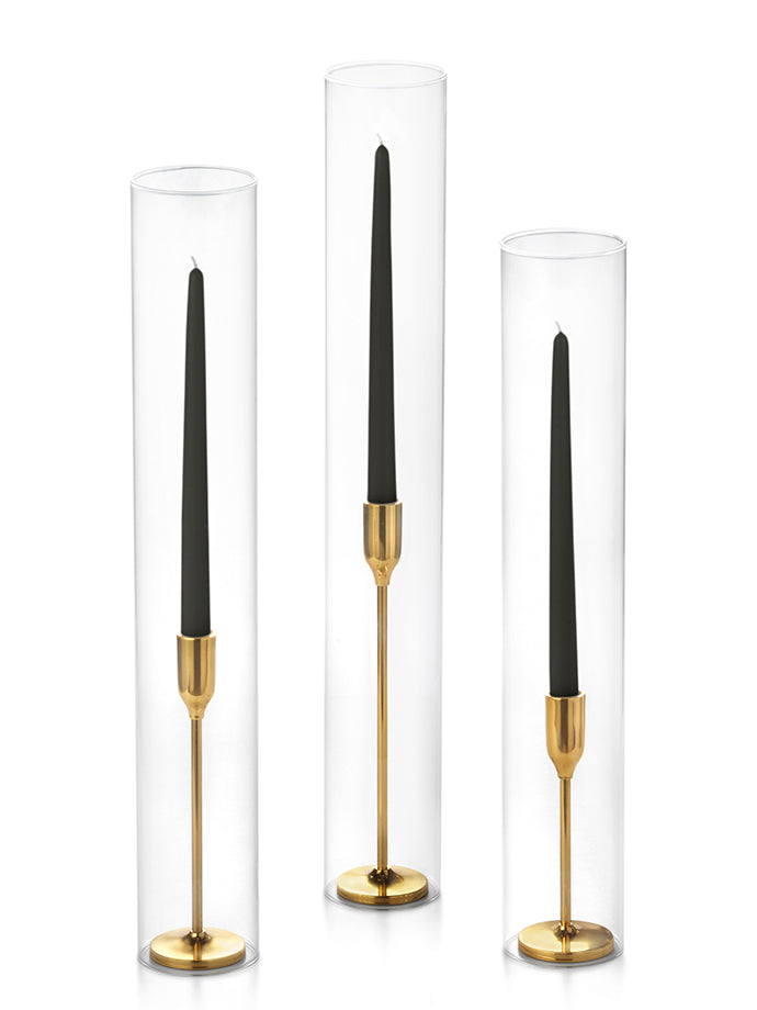 12 Taper Candles, 12 Tall Chimneys and 12 Gold Virtu Candlesticks