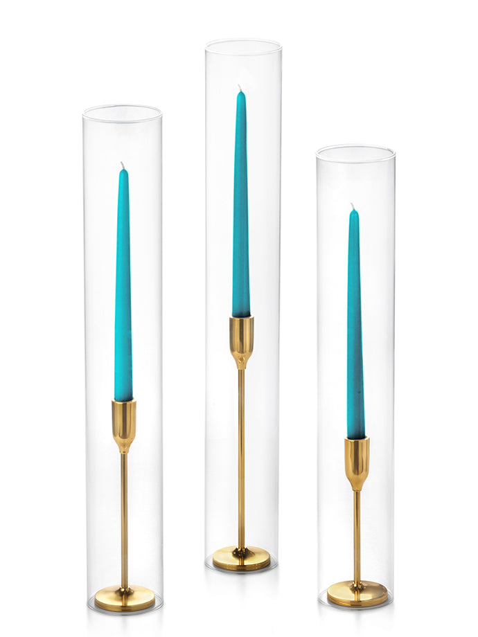 12 Taper Candles, 12 Tall Chimneys and 12 Gold Virtu Candlesticks