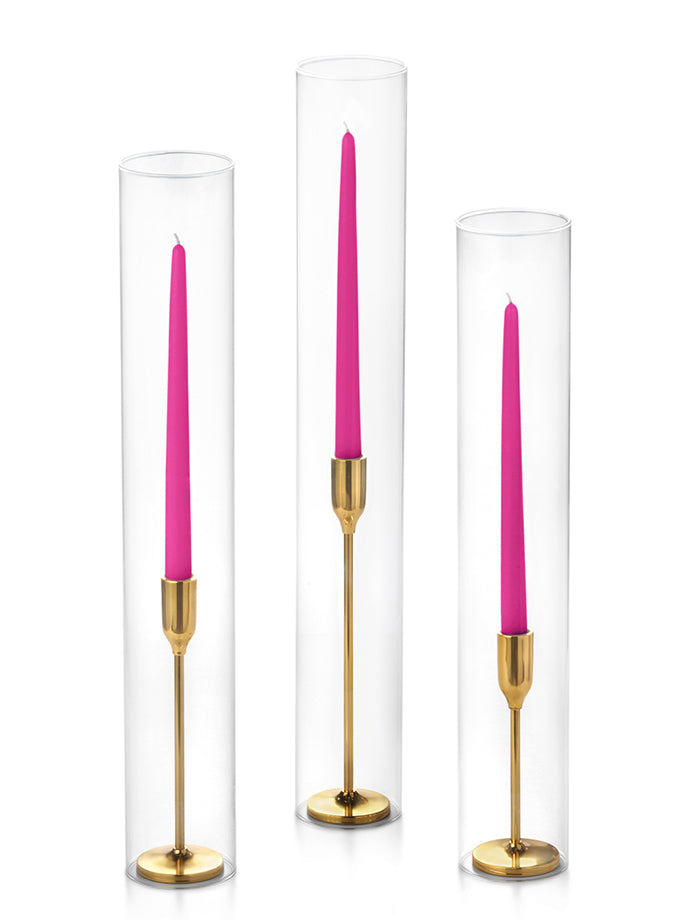 12 Taper Candles, 12 Tall Chimneys and 12 Gold Virtu Candlesticks