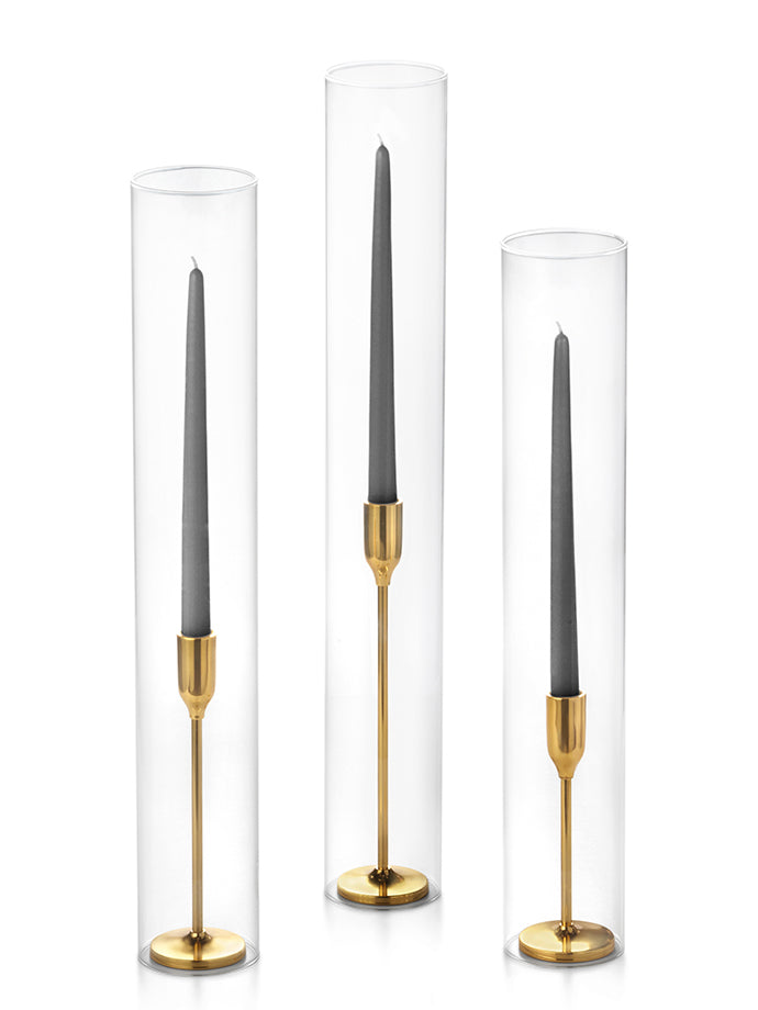 12 Taper Candles, 12 Tall Chimneys and 12 Gold Virtu Candlesticks