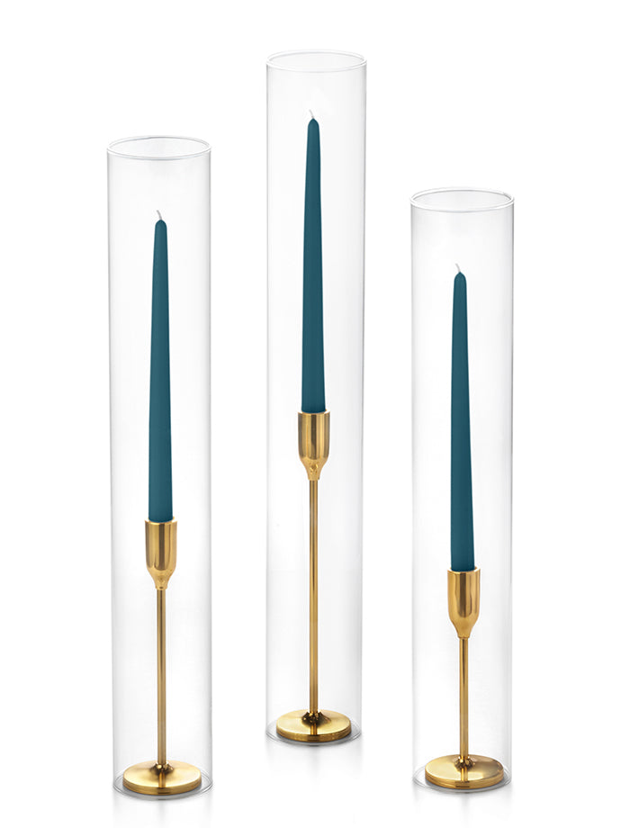 12 Taper Candles, 12 Tall Chimneys and 12 Gold Virtu Candlesticks