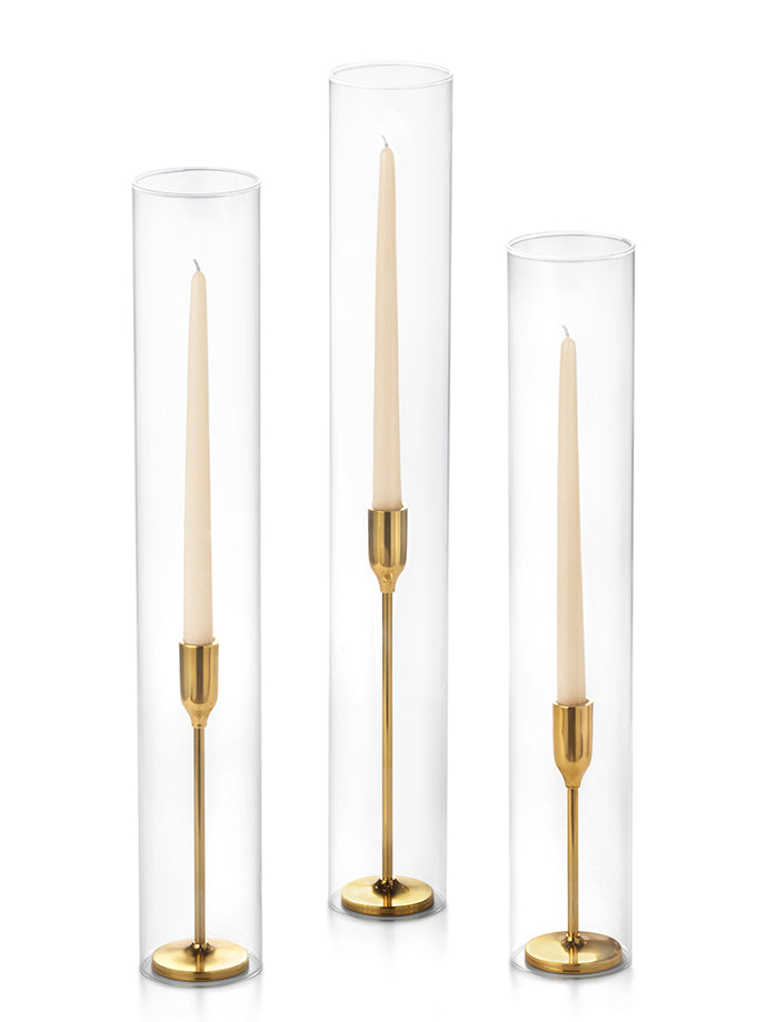 12 Taper Candles, 12 Tall Chimneys and 12 Gold Virtu Candlesticks