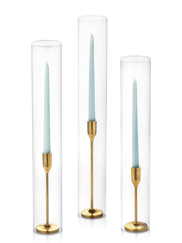 12 Taper Candles, 12 Tall Chimneys and 12 Gold Virtu Candlesticks