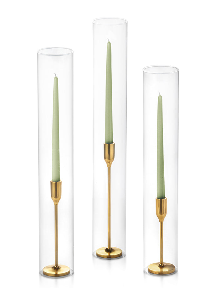 12 Taper Candles, 12 Tall Chimneys and 12 Gold Virtu Candlesticks