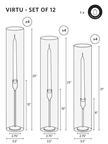 Yummi Candles - 12 Taper Candles, 12 Tall Chimneys and 12 Gold Virtu Candlesticks - Info