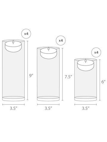 Yummi Candles - 12 Floating Candles and Cylinder Vases - Info