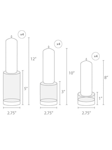 Yummi Candles - 12 Slim Pillar Candles and 12 Glass Pillar Holders - Info