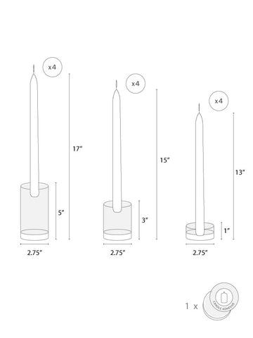 Yummi Candles - 12 Taper Candles and 12 Glass Taper Holders - Info