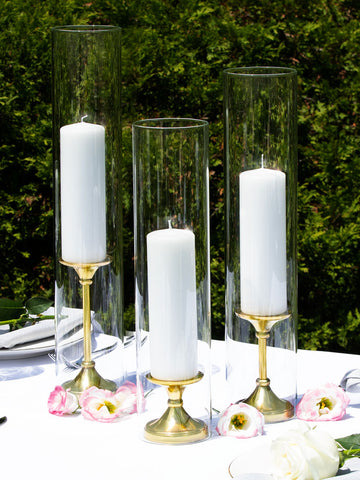 Yummi Candles - 12 Slim Pillar Candles, Glass Chimneys and 12 Gold Timeless Pillar Holders - Lifestyle - 1