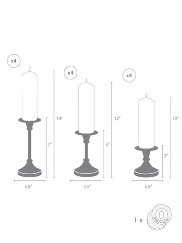 Yummi Candles - 12 Slim Pillar Candles and 12 Gold Timeless Pillar Holders - Info