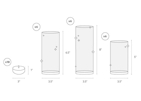 Yummi Candles - 18 Floating Candles and Silver Metallic Cylinders - Info