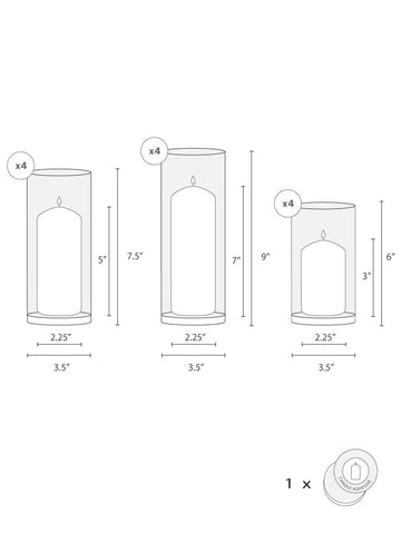 Yummi Candles - 12 Slim Pillar Candles and Cylinder Vases - Info