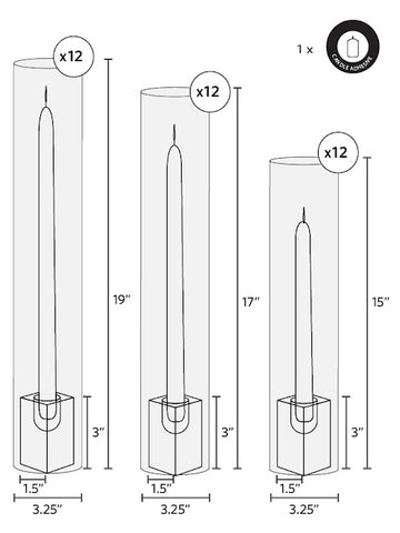 Yummi Candles - 36 Taper Candles, 36 Glass Chimneys and 36 Square Block Holders - Info