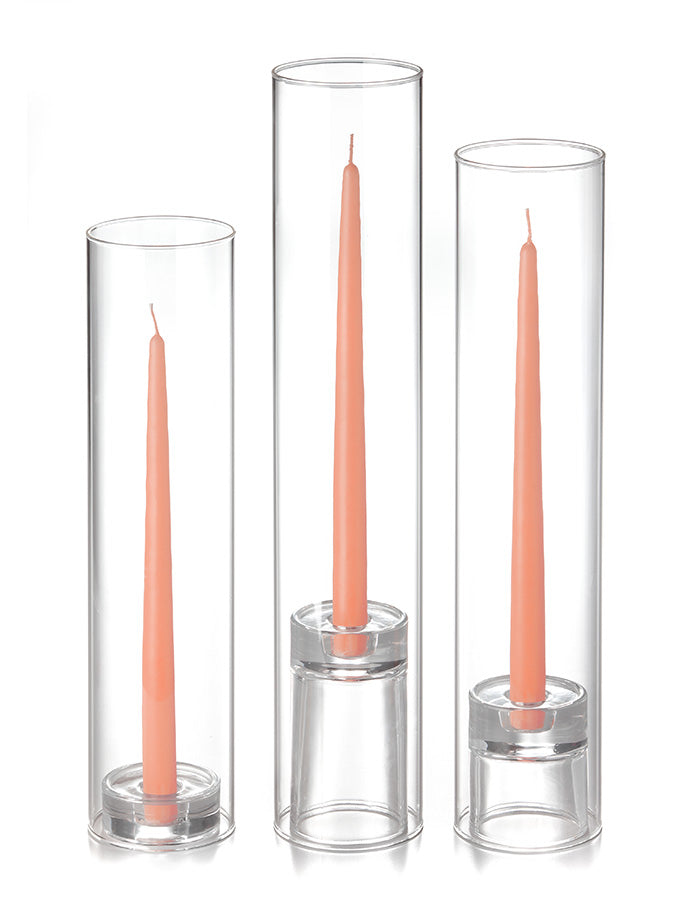 12 Taper Candles, 12 Glass Chimneys and 12 Glass Taper Holders