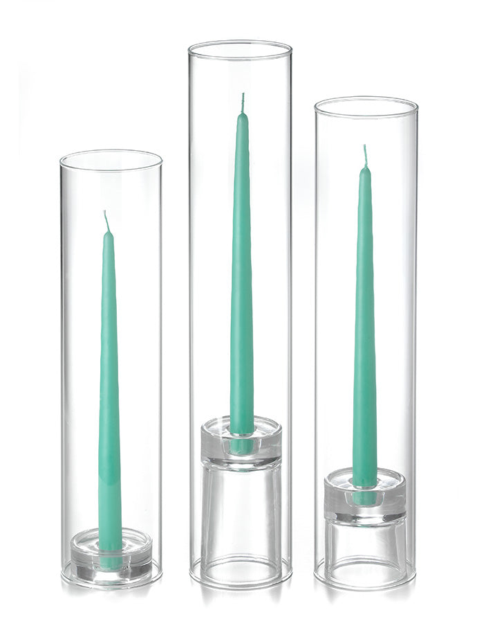 12 Taper Candles, 12 Glass Chimneys and 12 Glass Taper Holders