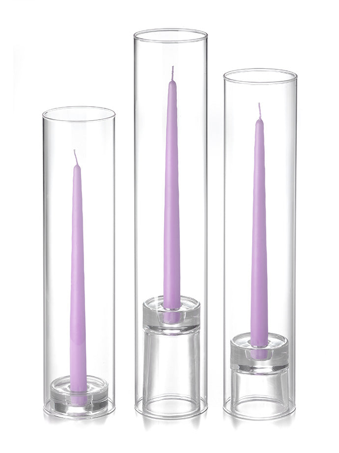 12 Taper Candles, 12 Glass Chimneys and 12 Glass Taper Holders