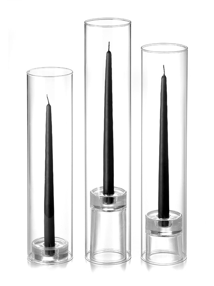 12 Taper Candles, 12 Glass Chimneys and 12 Glass Taper Holders