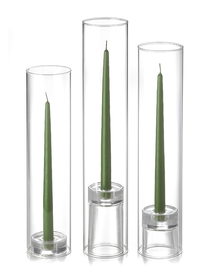 12 Taper Candles, 12 Glass Chimneys and 12 Glass Taper Holders