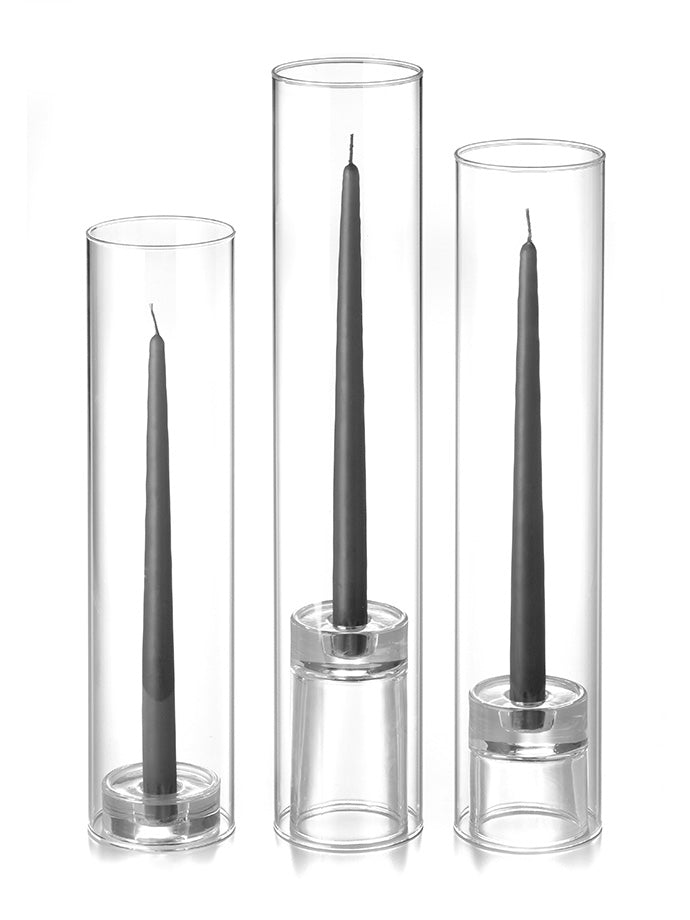 12 Taper Candles, 12 Glass Chimneys and 12 Glass Taper Holders