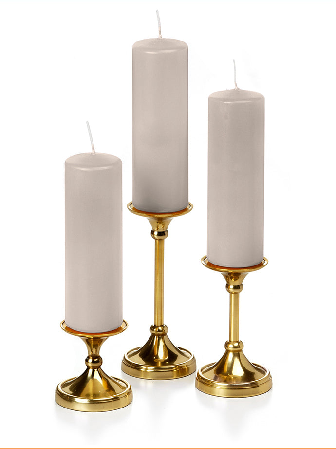 12 Slim Pillar Candles and 12 Gold Timeless Pillar Holders