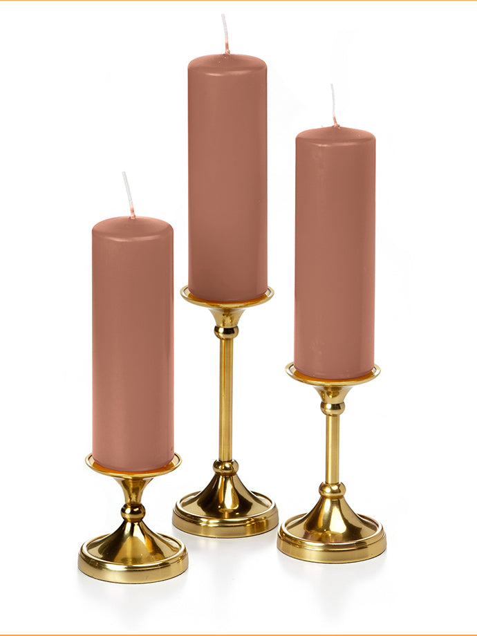 12 Slim Pillar Candles and 12 Gold Timeless Pillar Holders