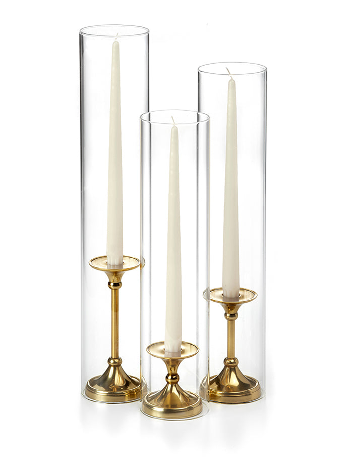 12 Taper Candles, 12 Glass Chimneys and 12 Gold Timeless Taper Holders