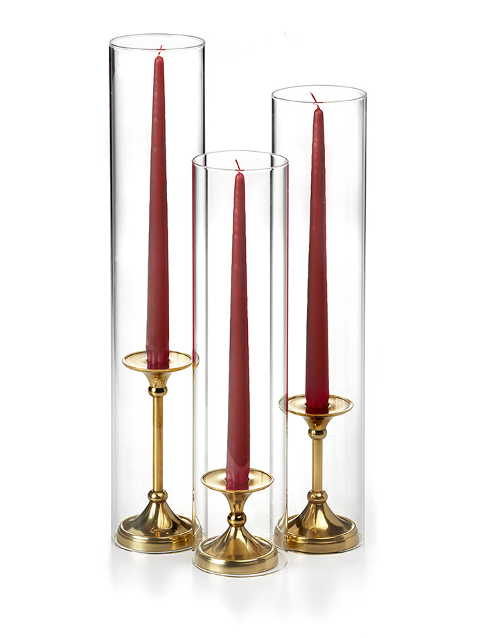 12 Taper Candles, 12 Glass Chimneys and 12 Gold Timeless Taper Holders