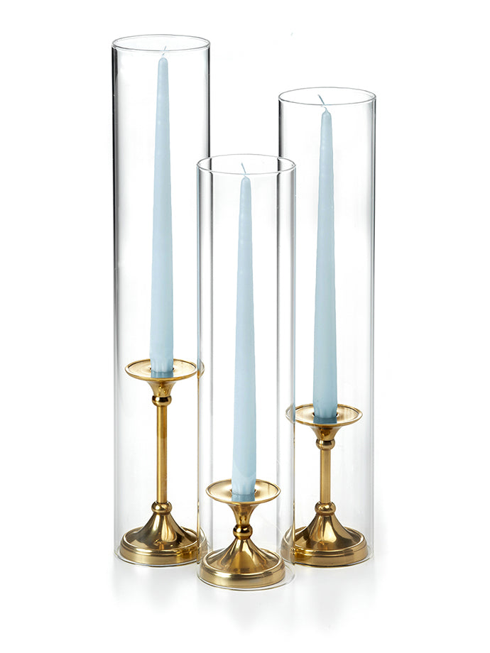 12 Taper Candles, 12 Glass Chimneys and 12 Gold Timeless Taper Holders