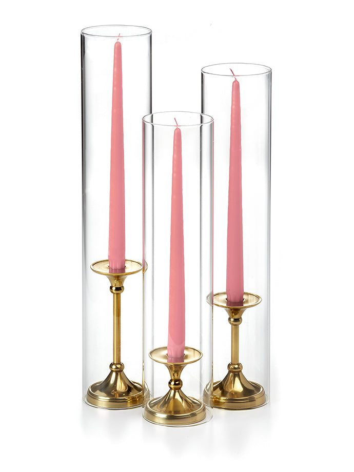 12 Taper Candles, 12 Glass Chimneys and 12 Gold Timeless Taper Holders