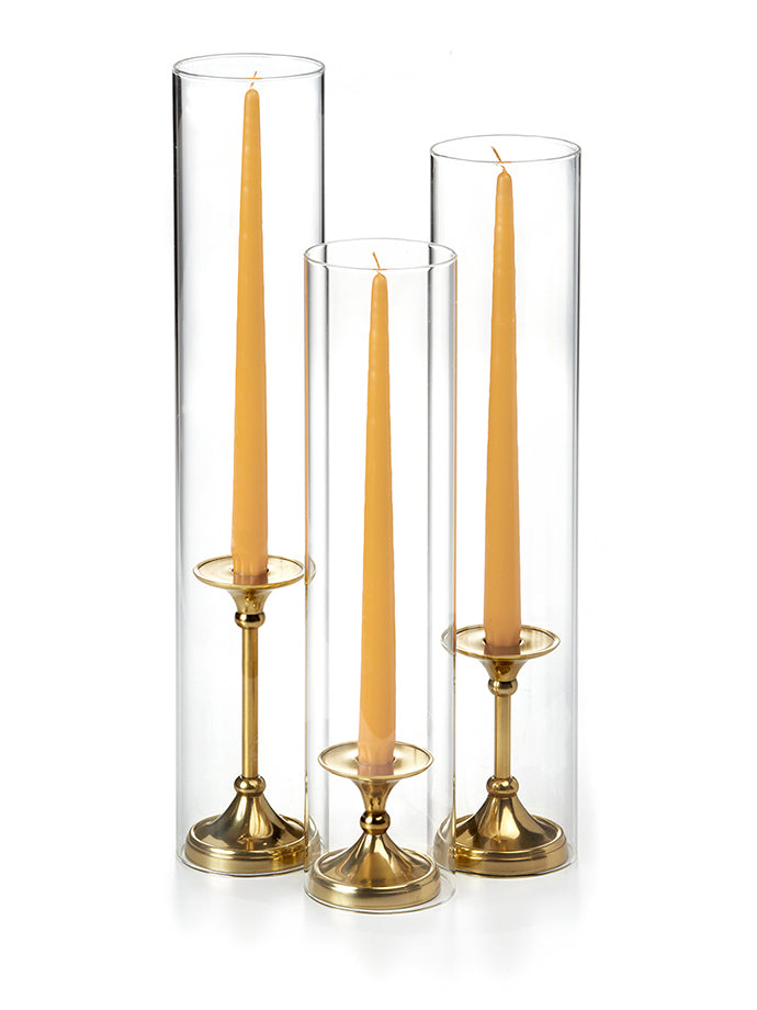 12 Taper Candles, 12 Glass Chimneys and 12 Gold Timeless Taper Holders