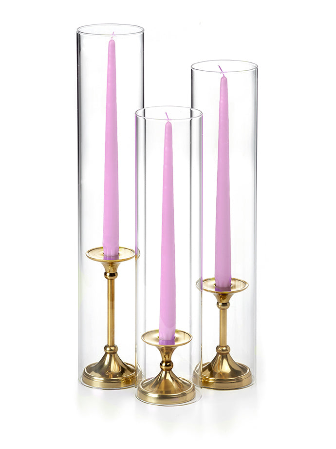 12 Taper Candles, 12 Glass Chimneys and 12 Gold Timeless Taper Holders