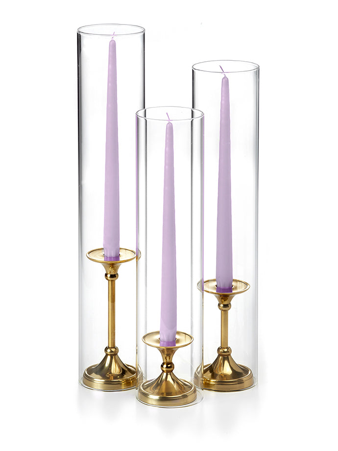 12 Taper Candles, 12 Glass Chimneys and 12 Gold Timeless Taper Holders