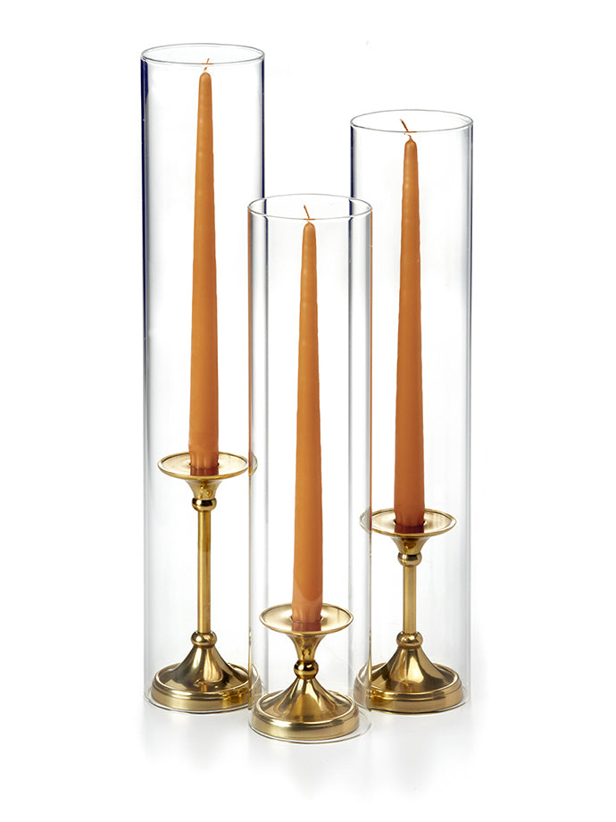 12 Taper Candles, 12 Glass Chimneys and 12 Gold Timeless Taper Holders