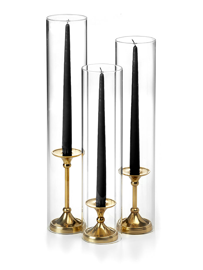 12 Taper Candles, 12 Glass Chimneys and 12 Gold Timeless Taper Holders