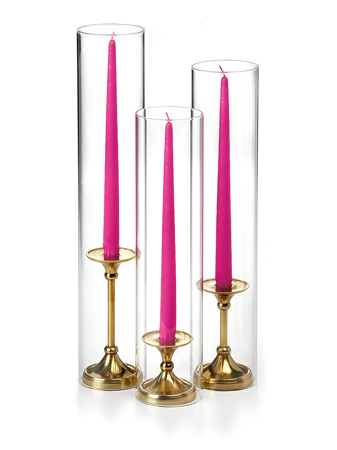 12 Taper Candles, 12 Glass Chimneys and 12 Gold Timeless Taper Holders