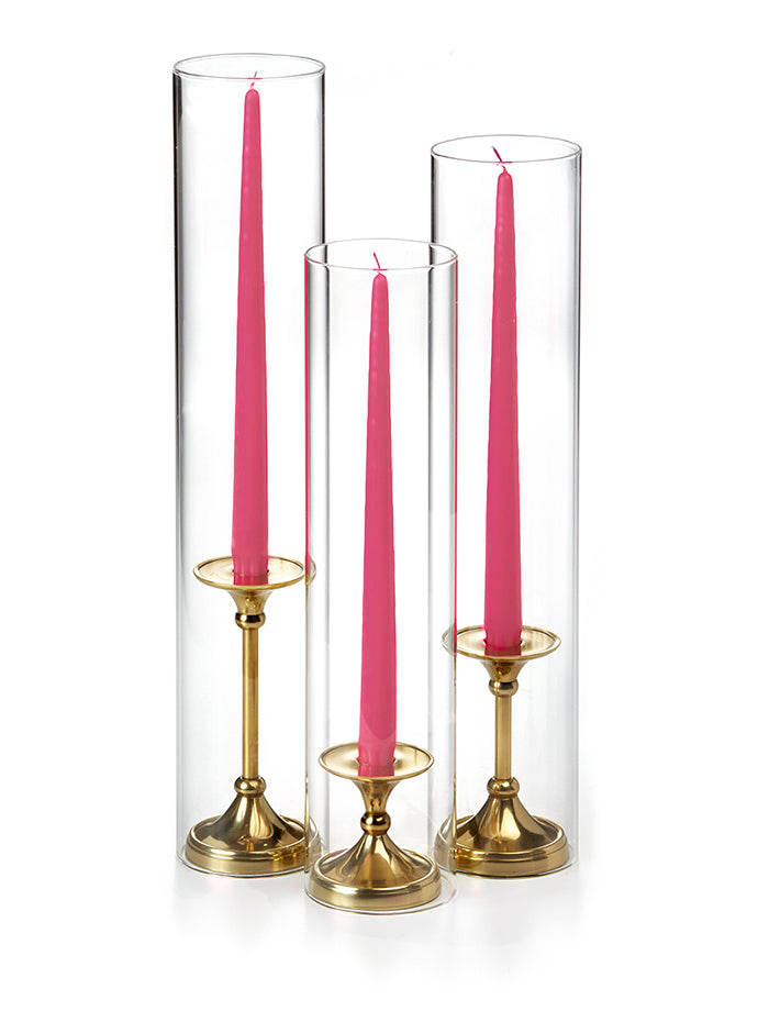 12 Taper Candles, 12 Glass Chimneys and 12 Gold Timeless Taper Holders