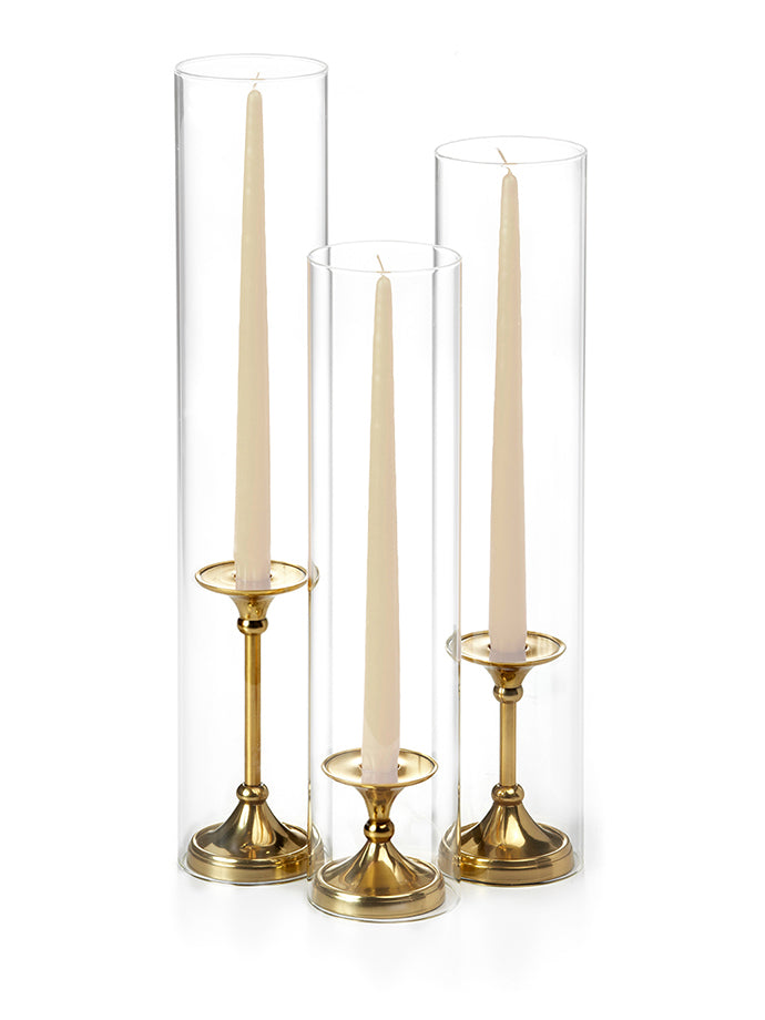 12 Taper Candles, 12 Glass Chimneys and 12 Gold Timeless Taper Holders