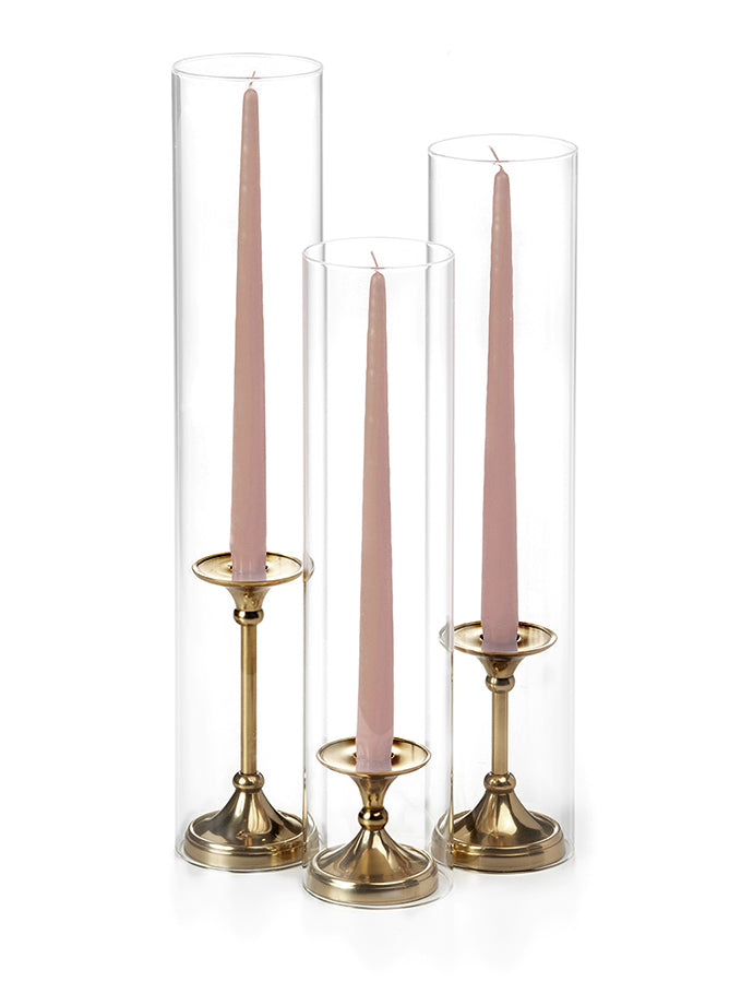 12 Taper Candles, 12 Glass Chimneys and 12 Gold Timeless Taper Holders