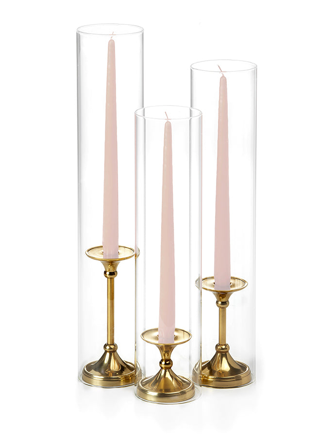 12 Taper Candles, 12 Glass Chimneys and 12 Gold Timeless Taper Holders